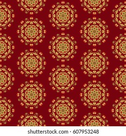 Vector seamless background pattern of circular ornament colored mandala repeating on red background
