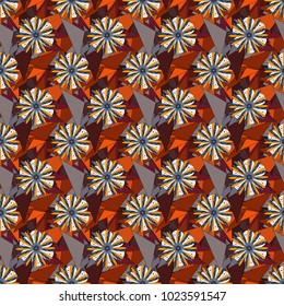 Vector seamless background pattern. Colorful flowers with plumage in red, gray and brown colors.