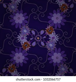 Vector seamless background pattern. Colorful flowers with plumage in blue, violet and black colors.