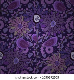 Vector seamless background pattern. Colorful flowers with plumage in purple, violet and gray colors.