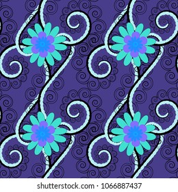 Vector seamless background pattern. Colorful flowers with plumage in violet, blue and black colors.