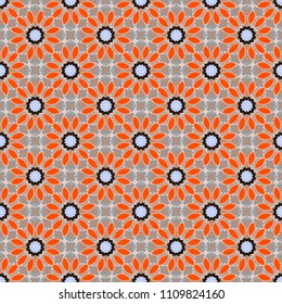 Vector seamless background pattern. Colorful flowers with plumage in gray, blue and orange colors.