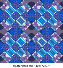 Vector seamless background pattern. Colorful flowers with plumage in blue, orange and brown colors.