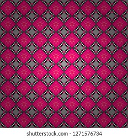 Vector seamless background pattern. Colorful flowers with plumage in magenta, gray and black colors.