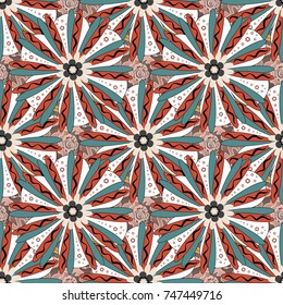 Vector seamless background pattern. Colorful flowers with plumage in orange, white and blue colors.