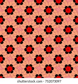 Vector seamless background pattern. Colorful flowers with plumage in red, pink and orange colors.