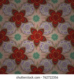 Vector seamless background pattern. Colorful flowers with plumage in brown, pink and red colors.