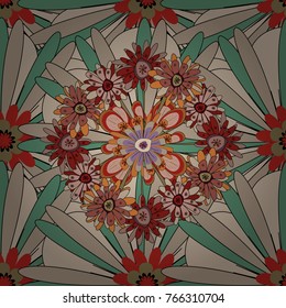 Vector seamless background pattern. Colorful flowers with plumage in gray, beige and green colors.