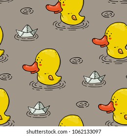 Vector seamless background pattern with cute cartoon duckling
