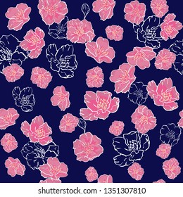 Vector Seamless background pattern. delicate pink Sakura blossom or Japanese flowering cherry symbolic of Spring in a random arrangement. for textile, web design, print, wrapping paper. hand drawing.