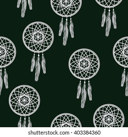 Vector seamless background pattern, ethnic doodle collection, tribal design. Hand drawn illustration with indian dream catchers and feathers on the white background. native american dreamcatcher.