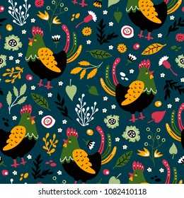 vector seamless background pattern with funny folk roosters for fabric, textile