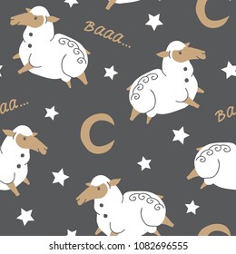 vector seamless background pattern with funny baby sheeps in sky for fabric, textile