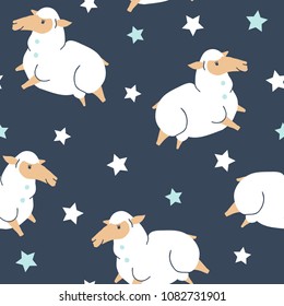 vector seamless background pattern with funny baby sheeps in sky for fabric, textile