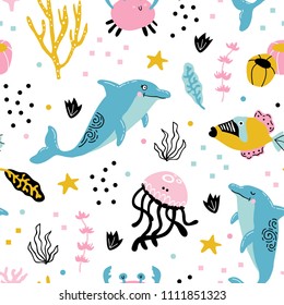 vector seamless background pattern with funny baby dolphins for fabric, textile