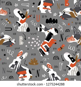 vector seamless background pattern with funny baby Easter rabbit  and scandinavian elements for fabric, textile