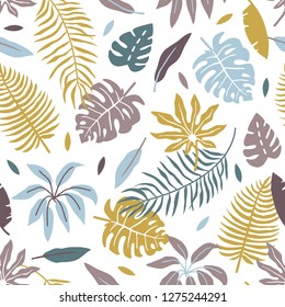 vector seamless background pattern with funny simple tropical leaves and flowers for fabric, textile