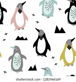 vector seamless background pattern with funny baby penguins for fabric, textile