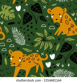vector seamless background pattern with funny baby leopard for fabric, textile