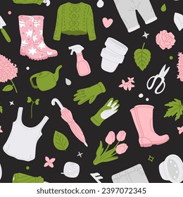 Vector seamless background pattern with gardening spring tools for surface pattern design 