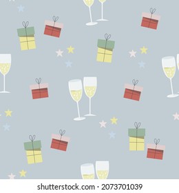 Vector seamless background with a pattern of glasses of champagne and gift boxes. Design for wallpaper, papers, fabric, scrapbooking.
