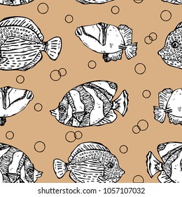 Vector seamless background pattern with hand drawn fishes