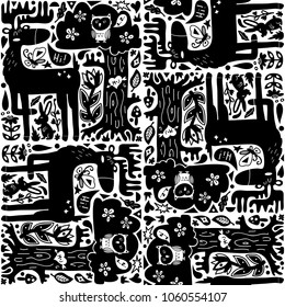 Vector seamless background pattern with hand drawn deers and forest elements