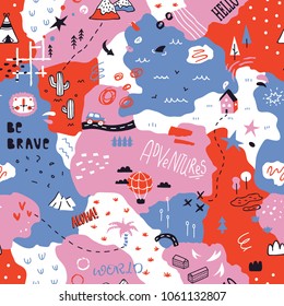 Vector seamless background pattern with hand drawn map in scandinavian style