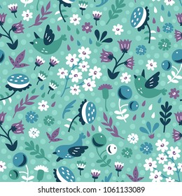 Vector seamless background pattern with hand drawn birds and blooms