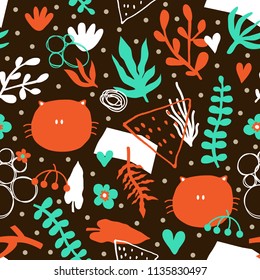 Vector seamless background pattern with hand drawn cats and flowers