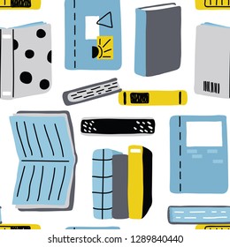 vector seamless background pattern with hand drawn books in scandinavian childish style for fabric, textile,wallpaper,wrapping paper, notebook covers,background
