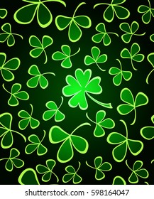 Vector seamless background pattern with hand drawn ink shamrocks on green. Eps-10