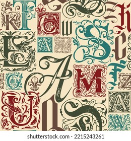 Vector seamless background pattern with hand-drawn initial and capital letters. Repeating background with alphabet letters in retro style. Suitable for wallpaper, wrapping paper or fabric