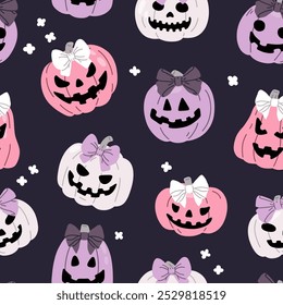 Vector seamless background pattern with Jack o Lantern bows pumpkins for surface pattern design 