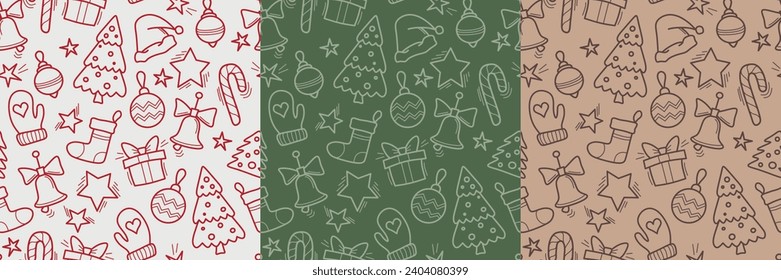 vector seamless background pattern New Year and Christmas in trendy linear style, with Christmas tree toys, bows, bells and hearts