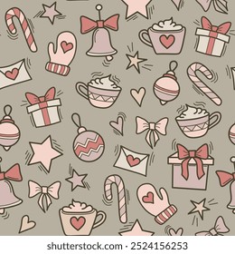 vector seamless background pattern New Year and Christmas in trendy linear style, with Christmas tree toys, bows, bells and hearts theme bow star gift coffee hot drink with cream heart tree toy bell
