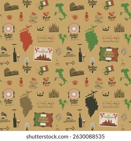 Vector seamless background pattern on theme of Italy and italian cuisine with symbols, architectural landmarks and map, flag in retro style. Suitable for wallpaper, wrapping paper, fabric. No AI used