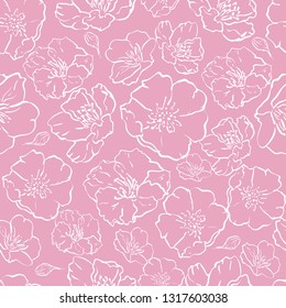 Vector Seamless background pattern. pink Sakura blossom, Japanese flowering cherry symbolic of Spring. for textile, web design, print, wrapping paper. hand drawing silhouette, contour, sketch