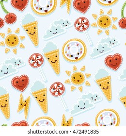 Vector seamless background pattern of quirky cartoon patch badge with smiling faces or fashion pin badges