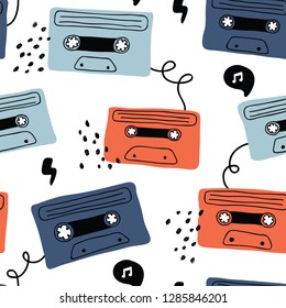 vector seamless background pattern with retro audio cassette with rock music for fabric, textile,wallpaper,wrapping paper, notebook covers,background