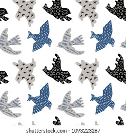 Vector seamless background pattern with scandinavian bird for baby shower, textile design