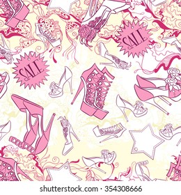 Vector seamless background pattern with shoes and fashion accessories