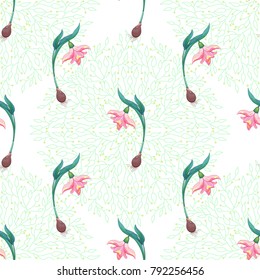 Vector seamless background. Pattern with snowdrop flowers. Round ornament of leaves and branches on backdrop.