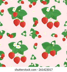 Vector seamless background, pattern of strawberry surrounded with leaves and flowers