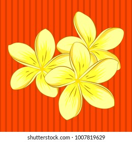 Vector seamless background pattern with stylized plumeria flowers and leaves in yellow and orange colors.