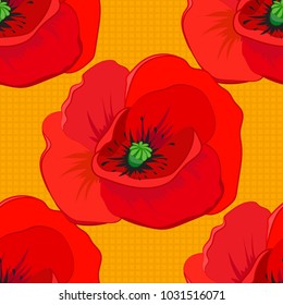 Vector seamless background pattern with stylized poppy flowers and leaves in yellow, gray and red colors.