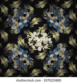 Vector seamless background pattern with stylized primrose flowers and leaves in blue and gray colors.