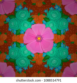 Vector seamless background pattern with stylized cosmos flowers and leaves in pink, green and orange colors.