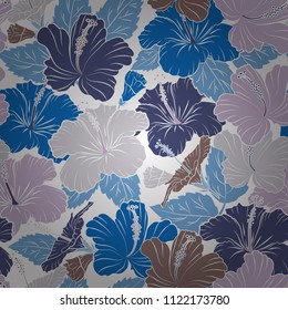 Vector seamless background pattern with stylized hibiscus flowers and leaves in blue and white colors.