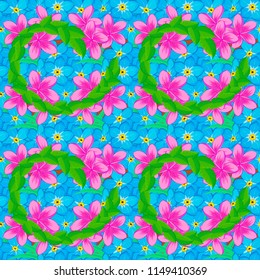 Vector seamless background pattern with stylized plumeria flowers and leaves in blue, green and pink colors.